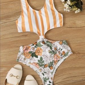 Striped orange and floral patterned swimsuit SHEIN
